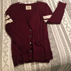 maroon and white cardigan